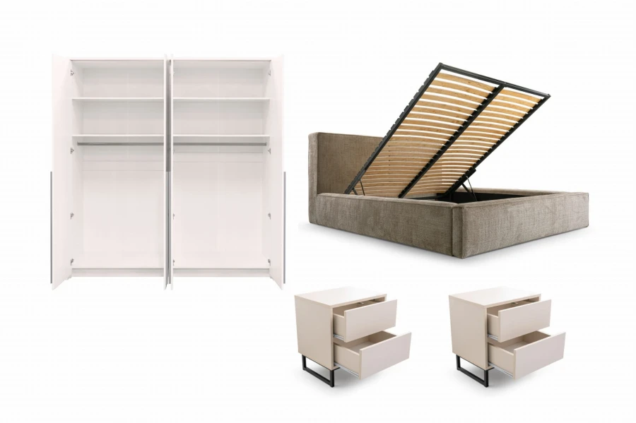 Schlafzimmermöbel mit Stauraum: Offener Schrank, Bett mit Bettkasten und Nachttische.
