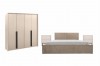 Modernes Schlafzimmer-Set mit beige Kleiderschrank, Polsterbett und Nachttischen.