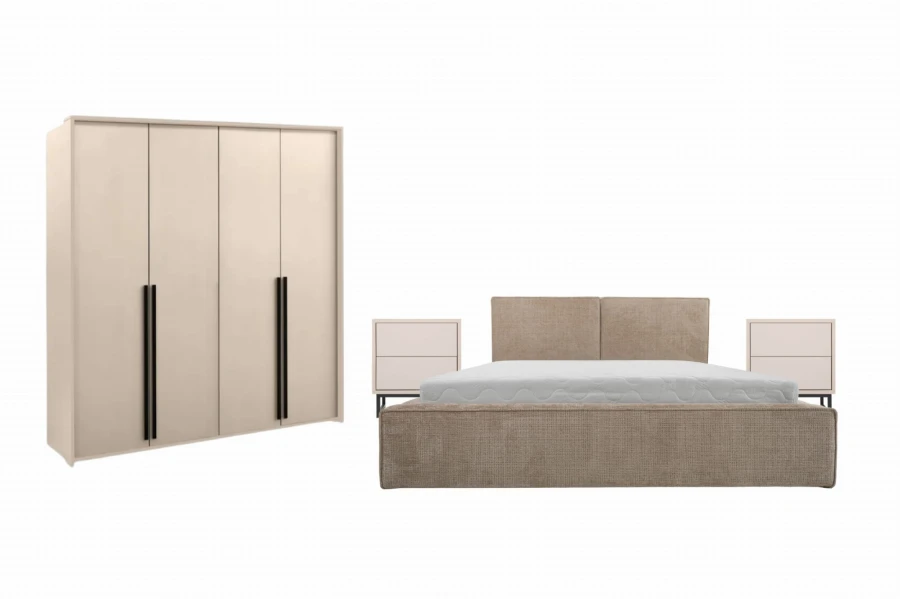 Modernes Schlafzimmer-Set mit beige Kleiderschrank, Polsterbett und Nachttischen.