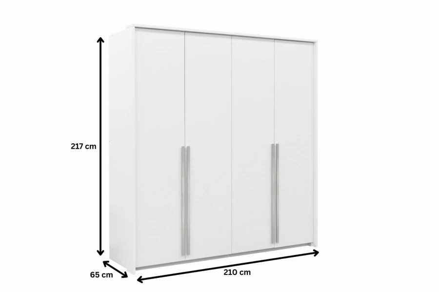 Abmessungen des weißen Kleiderschranks: 217 cm hoch, 210 cm breit und 65 cm tief.