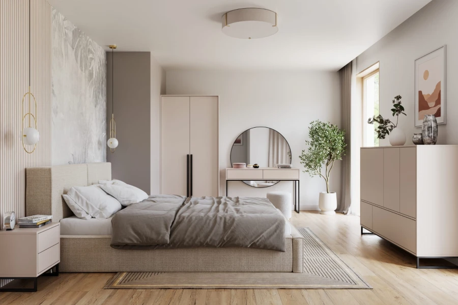 Stilvolles Schlafzimmer-Design mit Möbeln der Geneve Kollektion in sanftem Beige.