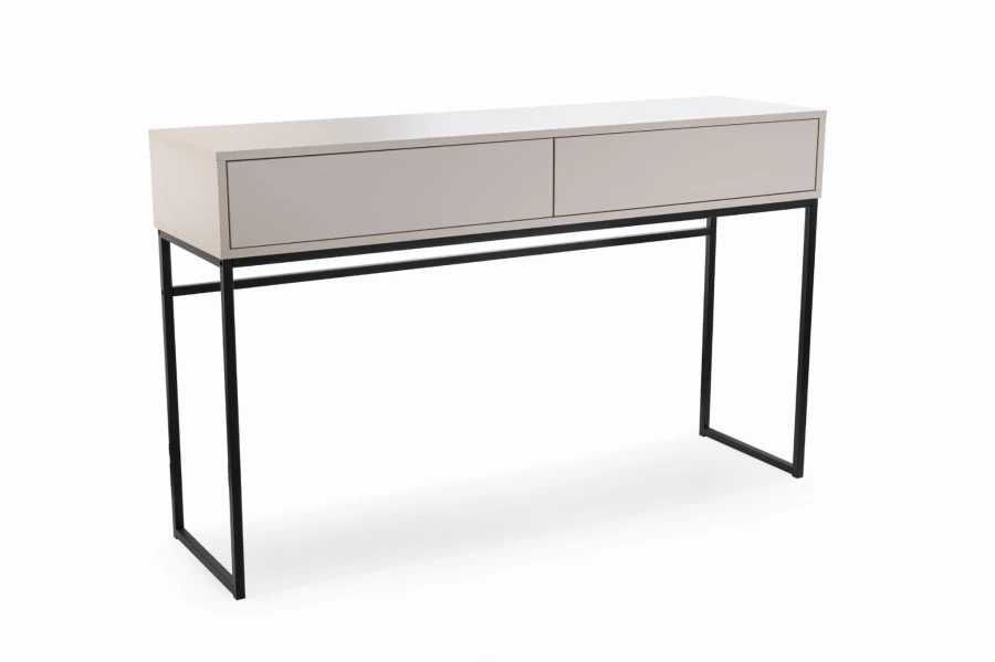 Moderner Schminktisch in Beige mit zwei Schubladen und schlankem schwarzem Metallrahmen.