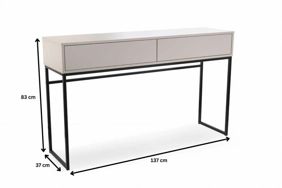 Beige Konsole mit Maßen: 137 cm Breite, 83 cm Höhe, 37 cm Tiefe, schwarzes Metallgestell.
