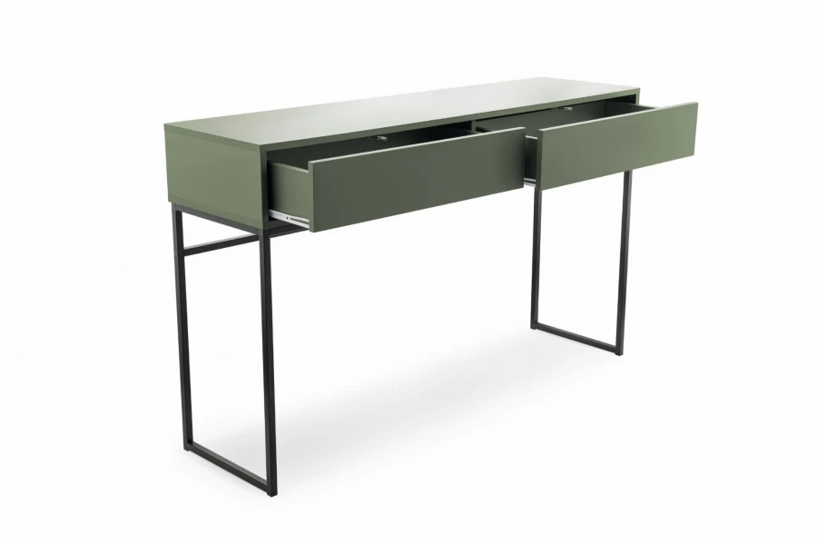 Grüne Konsole mit zwei geöffneten Schubladen, moderne Flurmöbel.