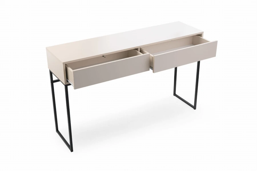 Beiger Konsolentisch mit offenen Schubladen, Ansicht von oben.