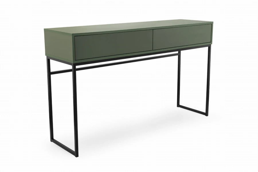 Moderner grüner Konsolentisch mit zwei Schubladen und schwarzem Metallgestell.