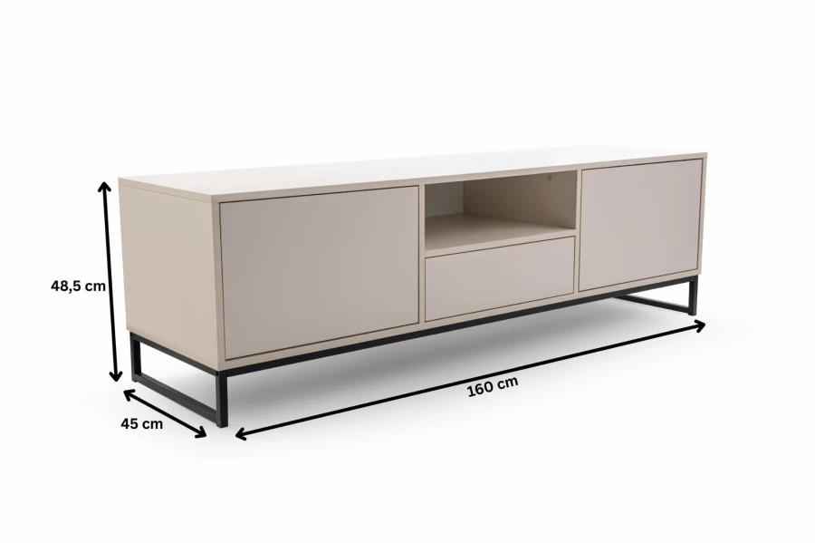 Maße des beigen TV-Lowboards: 160 cm Breite, 48,5 cm Höhe und 45 cm Tiefe für das Wohnzimmer.