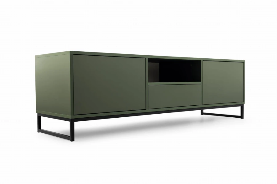 Modernes TV-Lowboard in Olivgrün mit minimalistischem schwarzem Metallgestell aus der Geneve Serie.