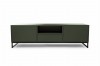 Frontansicht eines olivgrünen TV-Lowboards mit zwei Türen, Fach und Schublade in schlichtem Design.