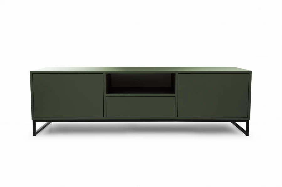 Frontansicht eines olivgrünen TV-Lowboards mit zwei Türen, Fach und Schublade in schlichtem Design.