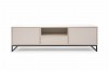 Modernes beiges TV-Lowboard mit zwei Türen, Schublade und schwarzem Metallgestell in Frontansicht.