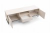 Beiges TV-Lowboard mit zwei offenen Türen und einer Schublade, modernes Design mit Metallfüßen.