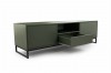 Olivgrünes TV-Lowboard im modernen Design mit schwarzem Metallgestell und einer geöffneten Schublade.