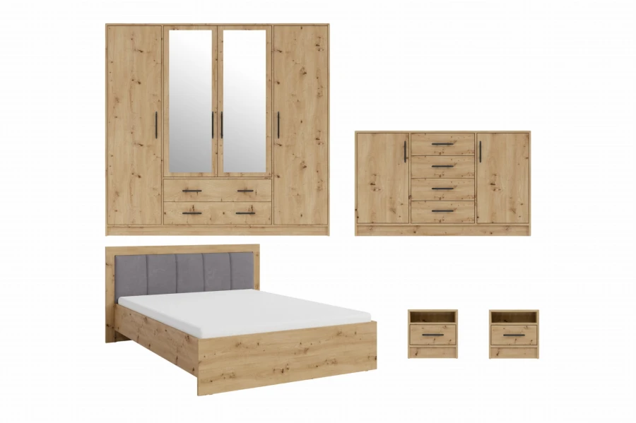 Modernes Schlafzimmer-Set in Eichenoptik mit Bett, Kleiderschrank, Kommode und zwei Nachttischen.