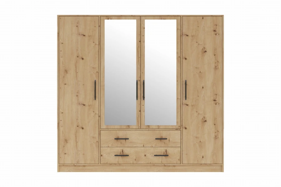 Großer 4-türiger Kleiderschrank in Eiche mit zwei Spiegeln und praktischen Schubladen unten.