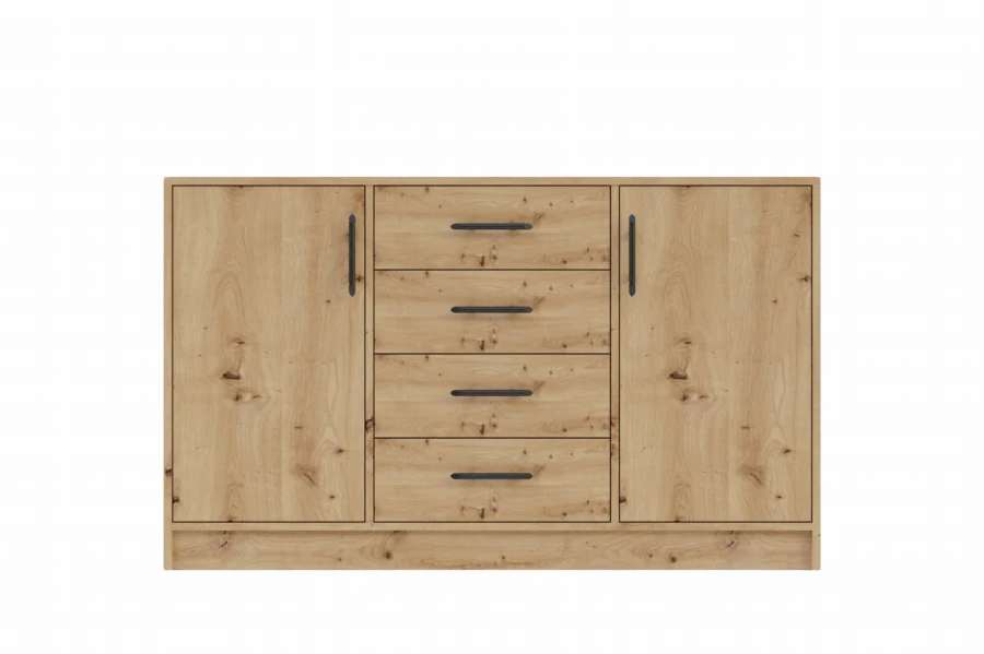 Modernes Sideboard in Eichenoptik mit zwei Türen und vier Schubladen.