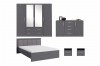 Graues Schlafzimmer-Möbel-Set bestehend aus Kleiderschrank, Bett und Kommode.