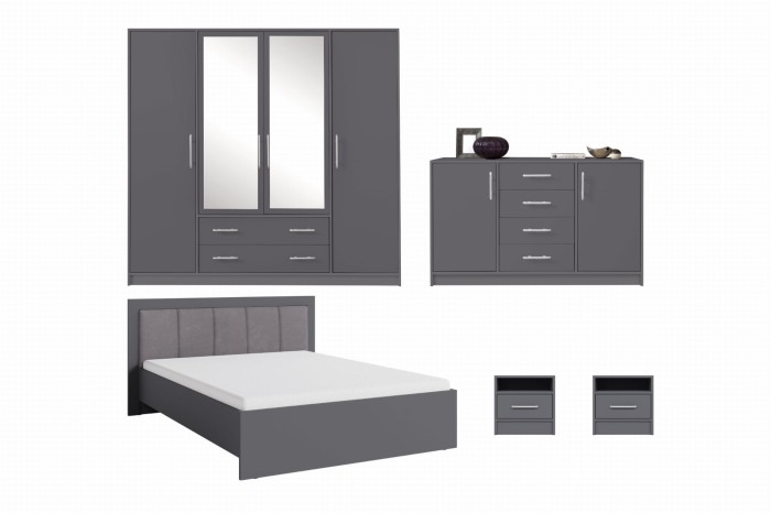Komplettes Schlafzimmerset in Grau mit Kleiderschrank, Kommode, Bett und Nachttischen.