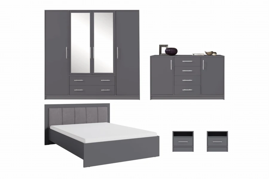 Graues Schlafzimmer-Möbel-Set bestehend aus Kleiderschrank, Bett und Kommode.