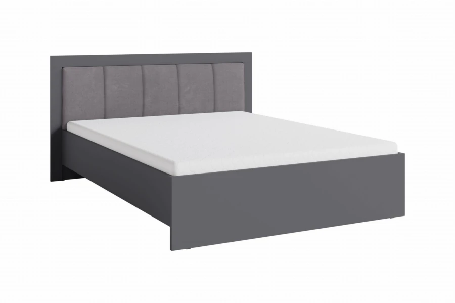 Graues Bett mit gepolstertem Kopfteil und weißer Matratze, modernes Schlafzimmerdesign.
