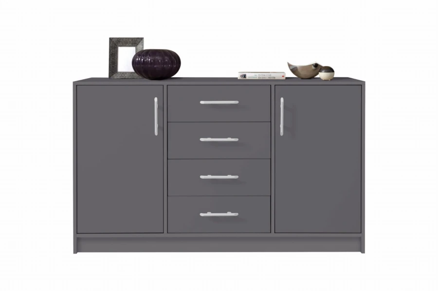Elegante graue Kommode mit vier mittigen Schubladen und zwei seitlichen Türen.