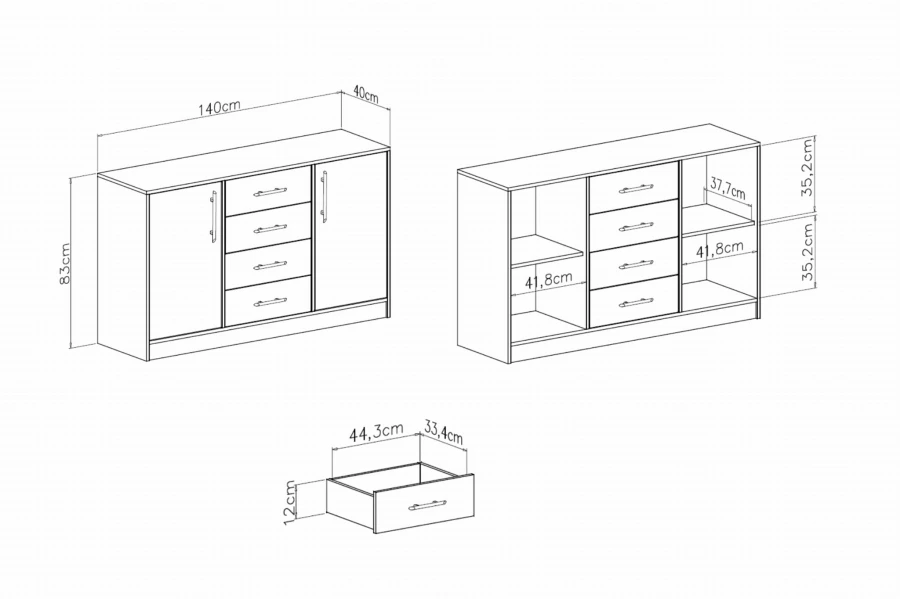 Abmessungen und technische Zeichnung des grauen Sideboards mit Detailansicht.