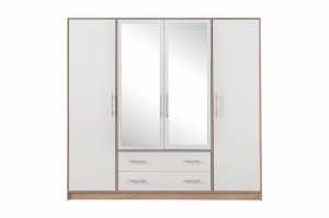 Schlafzimmer-Set SAM A Schlafzimmer Schrank SRL1 Kommode SRK1 Bett SR6 Nachttisch SR7, 5-tlg., Eiche Sonoma / Weiß Matt Deine Möbel