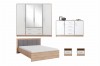Modernes Schlafzimmer-Set: Kleiderschrank mit Spiegel, Doppelbett, Kommode und zwei Nachttische.