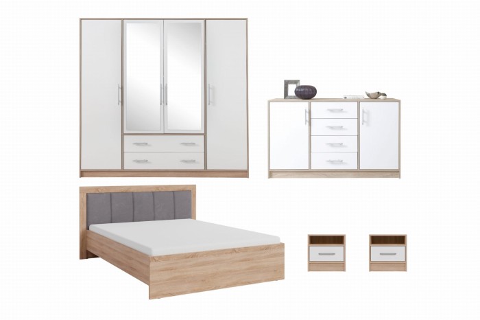Schlafzimmer-Set in Eiche Sonoma und Weiß mit Bett, großem Kleiderschrank, Kommode und zwei Nachttischen.