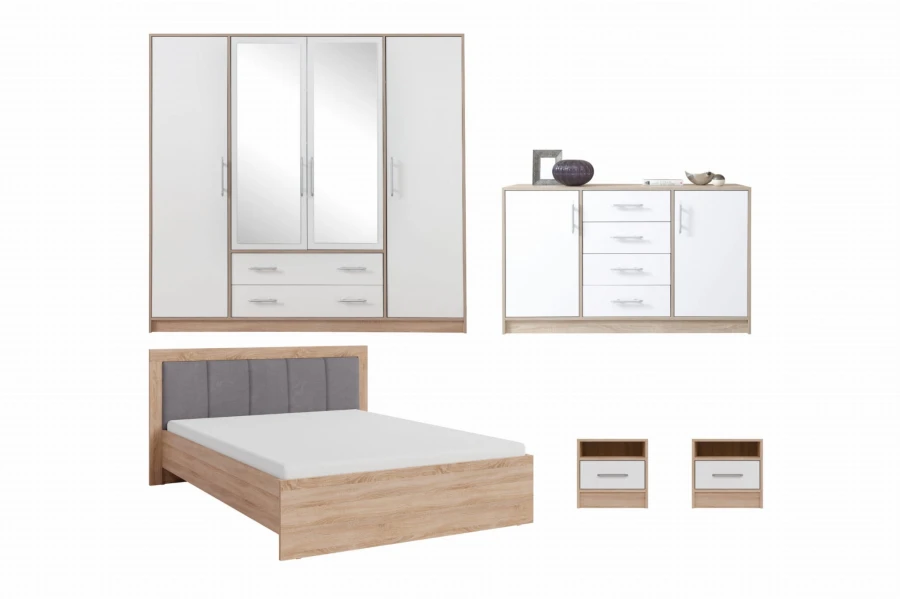 Modernes Schlafzimmer-Set: Kleiderschrank mit Spiegel, Doppelbett, Kommode und zwei Nachttische.