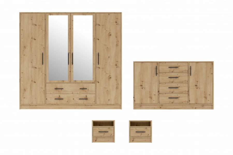 Möbelset für Schlafzimmer in Eiche: Kleiderschrank, Sideboard und Nachttische.