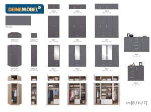 Schlafzimmer-Set SAM B Anthrazit Schlafzimmer (Schrank SRL1 Kommode SRK1 Nachttisch SR7, 4-tlg. Deine Möbel