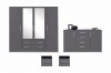 Komplettes Schlafzimmerset in Grau mit Kleiderschrank, Kommode und zwei Nachtschränken.