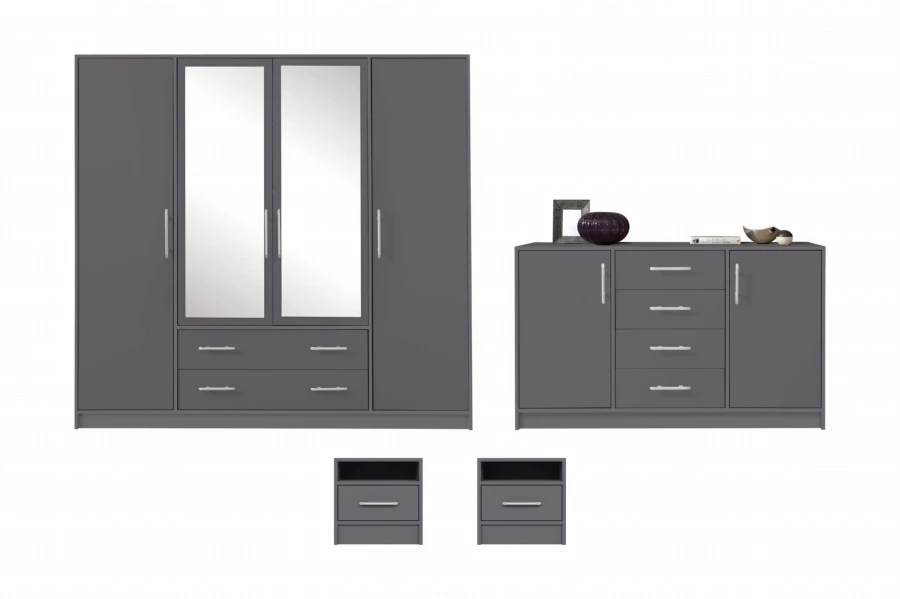 Komplettes Schlafzimmerset in Grau mit Kleiderschrank, Kommode und zwei Nachtschränken.