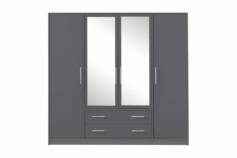 Grauer 4-türiger Kleiderschrank mit zwei Spiegeltüren und zwei praktischen Schubladen.