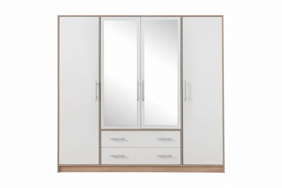 Kleiderschrank 4-türig Weiß Eiche Sonoma mit Spiegeln und zwei Schubladen, Frontansicht.