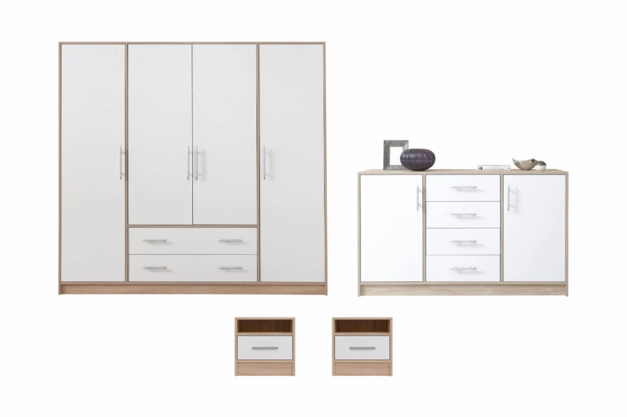 Komplettes Schlafzimmer-Set: 4-türiger Kleiderschrank, Sideboard und Nachttische in Weiß und Eiche.