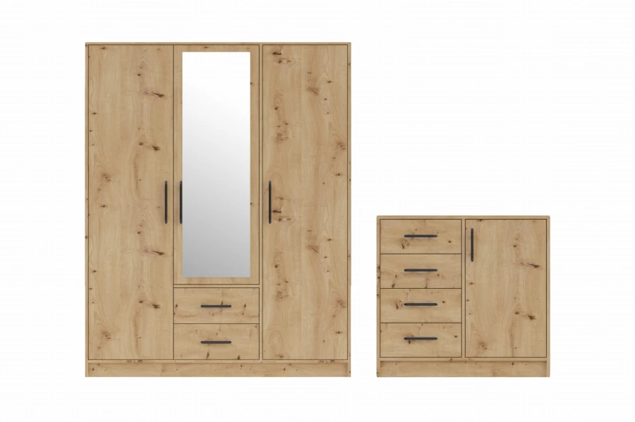 3-türiger Kleiderschrank mit Spiegel und passende Kommode in Eiche-Optik mit schwarzen Griffen.