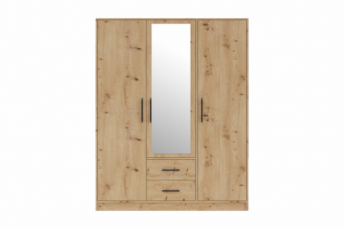 3-türiger Kleiderschrank in Eiche-Optik mit mittigem Spiegel und zwei praktischen Schubladen.
