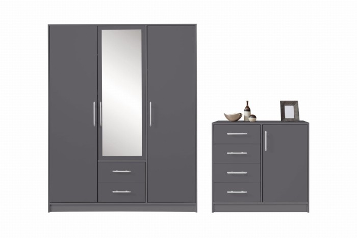 Graues Möbel-Set: Kleiderschrank mit Spiegel und Kommode für das Schlafzimmer.