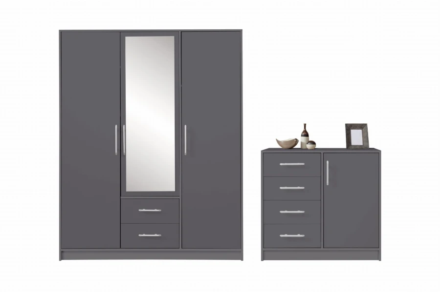 Modernes Schlafzimmer-Set in Anthrazit mit 3-türigem Kleiderschrank und passender Kommode.