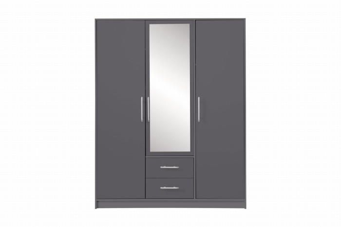 3-türiger Kleiderschrank in Grau mit Spiegel und praktischen Schubladen.