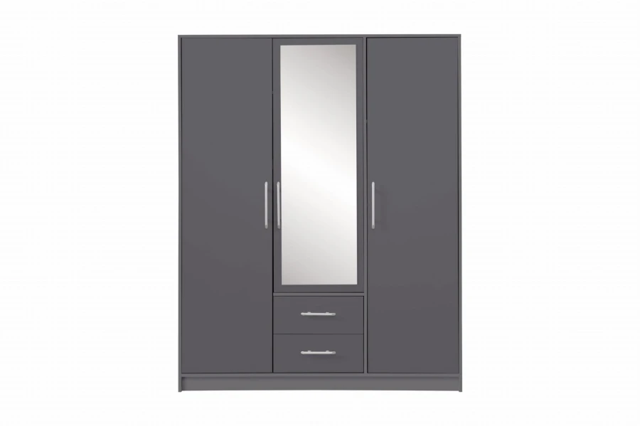 Dreitüriger Kleiderschrank in Dunkelgrau mit integriertem Spiegel und zwei Schubladen.