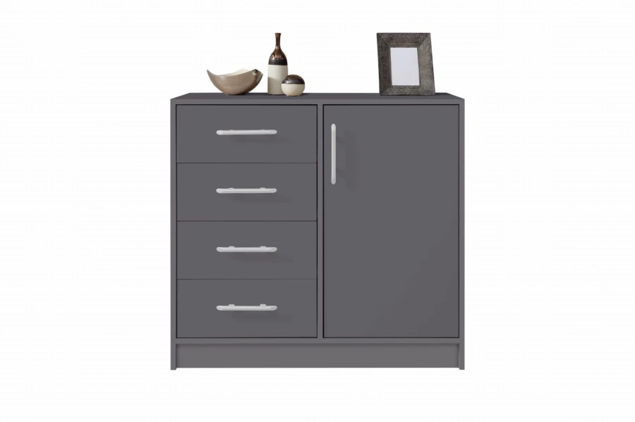 Moderne graue Kommode mit vier Schubladen und einer Tür, schlichtes Design für das Schlafzimmer.