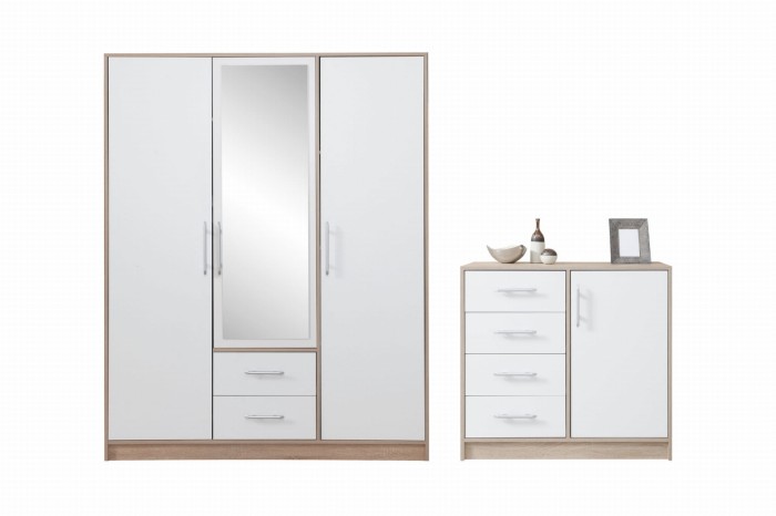 Schlafzimmer-Set: 3-türiger Kleiderschrank mit Spiegel und passende Kommode in Weiß/Eiche.