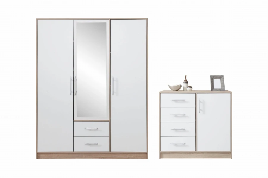 3-türiger Kleiderschrank mit Spiegel und passende Kommode in Weiß und Eiche-Optik.
