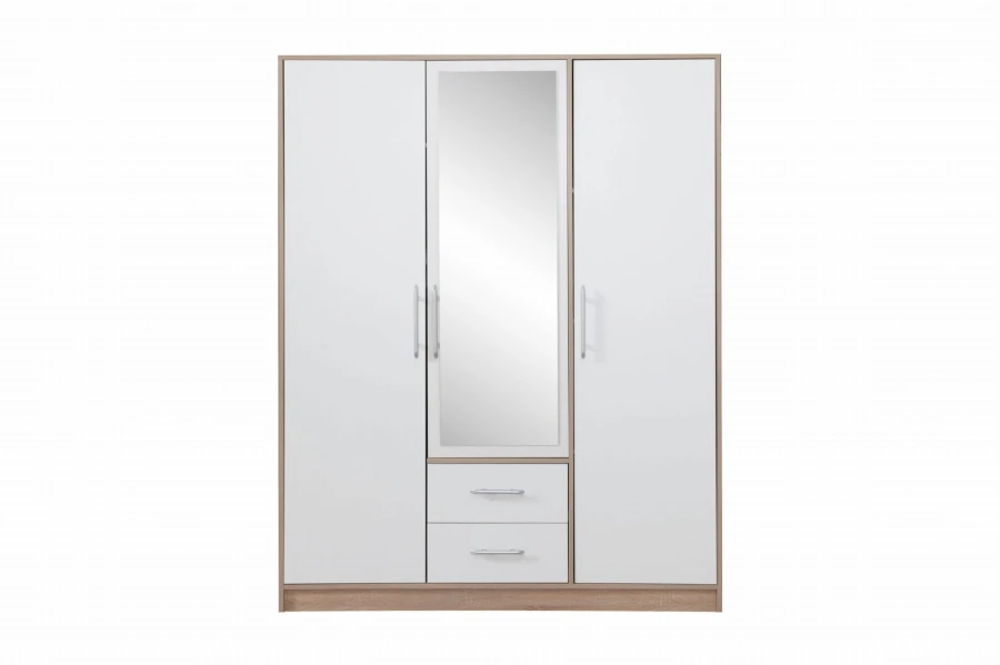 Weißer 3-türiger Kleiderschrank mit Spiegel und zwei Schubladen, Eiche-Dekor.