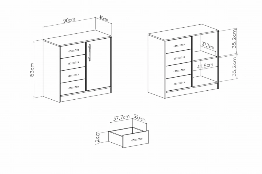 Technische Zeichnung mit Maßen für die 90 cm breite Kommode.