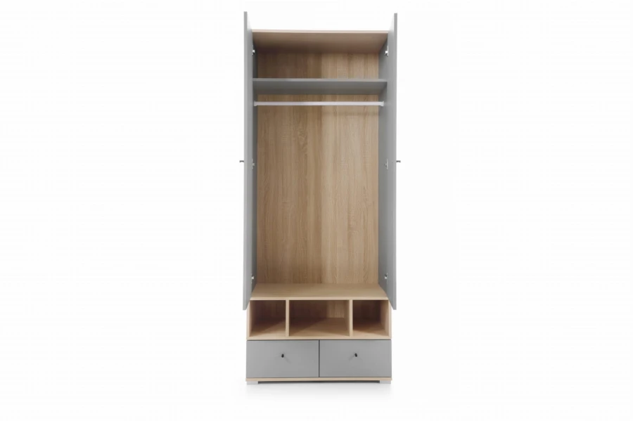 Schmaler offener Kleiderschrank mit grauen Schubladen, Kleiderstange und drei offenen Fächern.