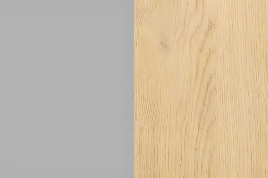 Materialprobe: Kombination aus mattem Grau und heller Eichenholz-Optik für moderne Möbel.